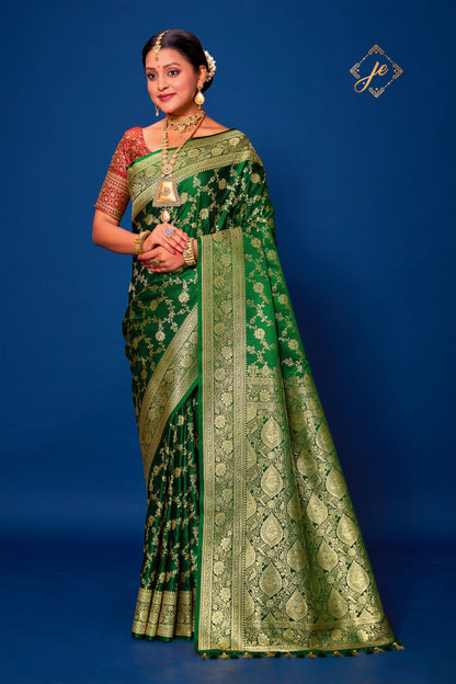 Bottle Green Satin Silk Jaal Banarasi Saree