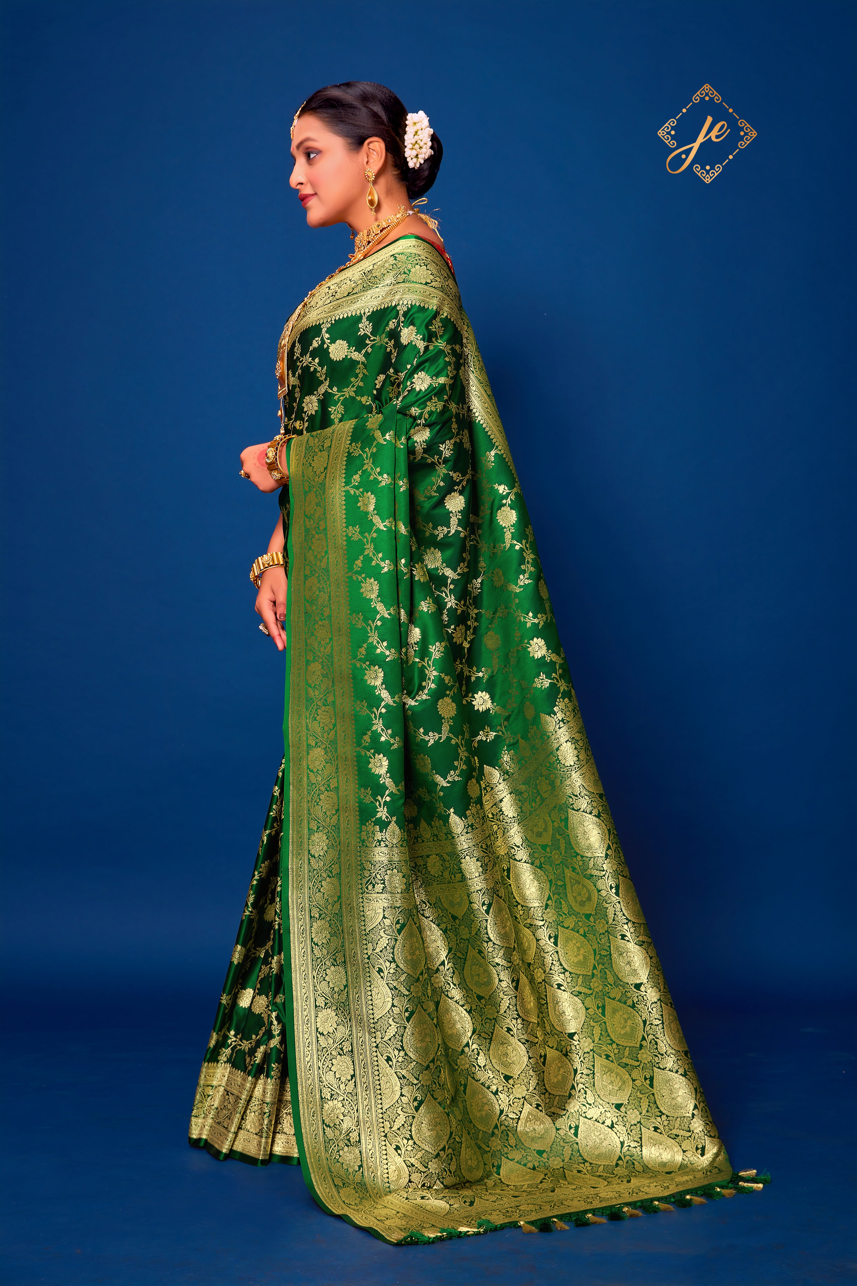 Bottle Green Satin Silk Jaal Banarasi Saree