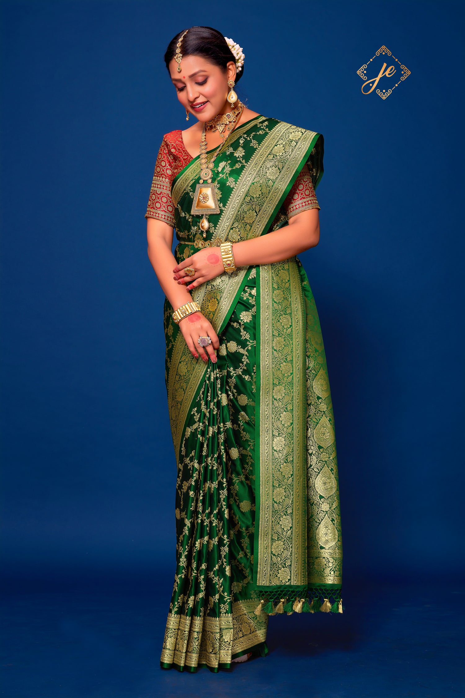 Bottle Green Satin Silk Jaal Banarasi Saree