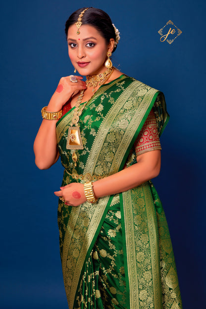 Bottle Green Satin Silk Jaal Banarasi Saree