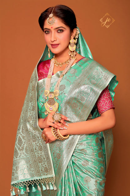 Light Sea Green Satin Silk Jaal Banarasi Saree