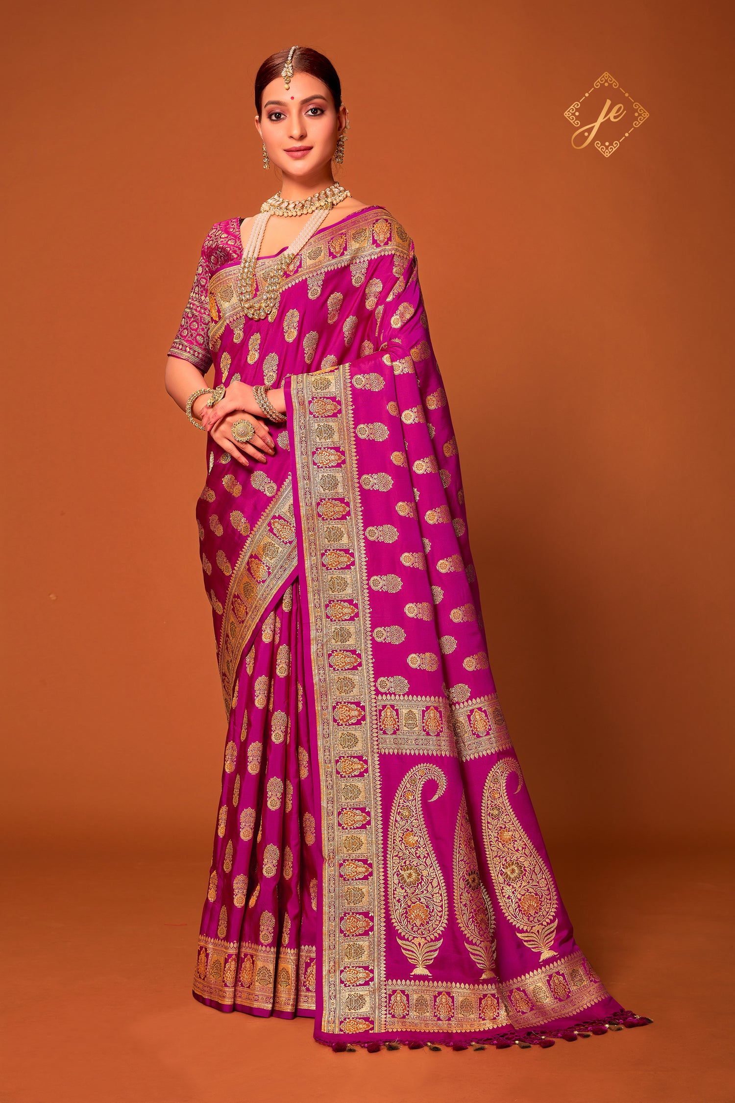 Rani Pink Satin Silk Meenakari Buti Banarasi Saree