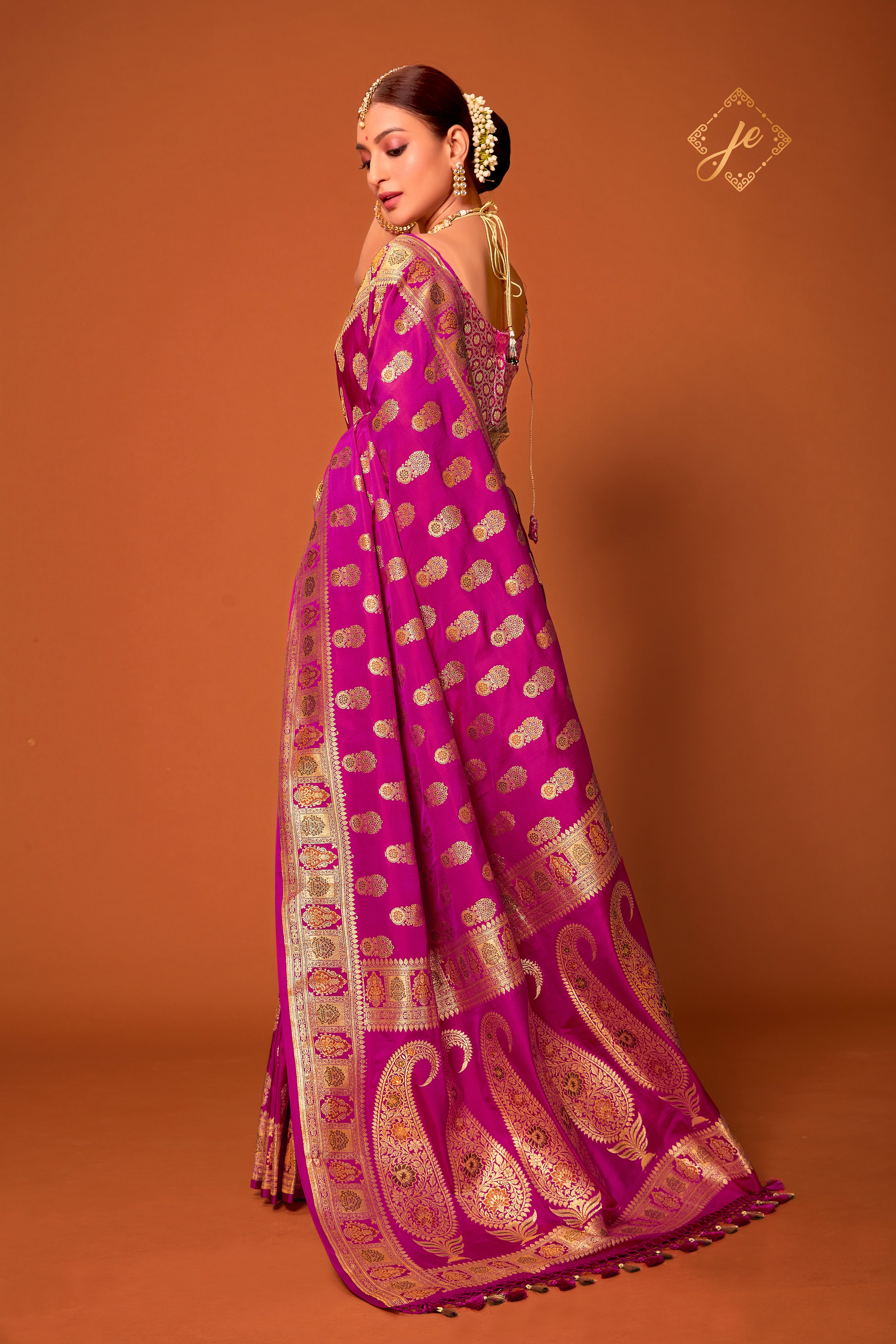 Rani Pink Satin Silk Meenakari Buti Banarasi Saree