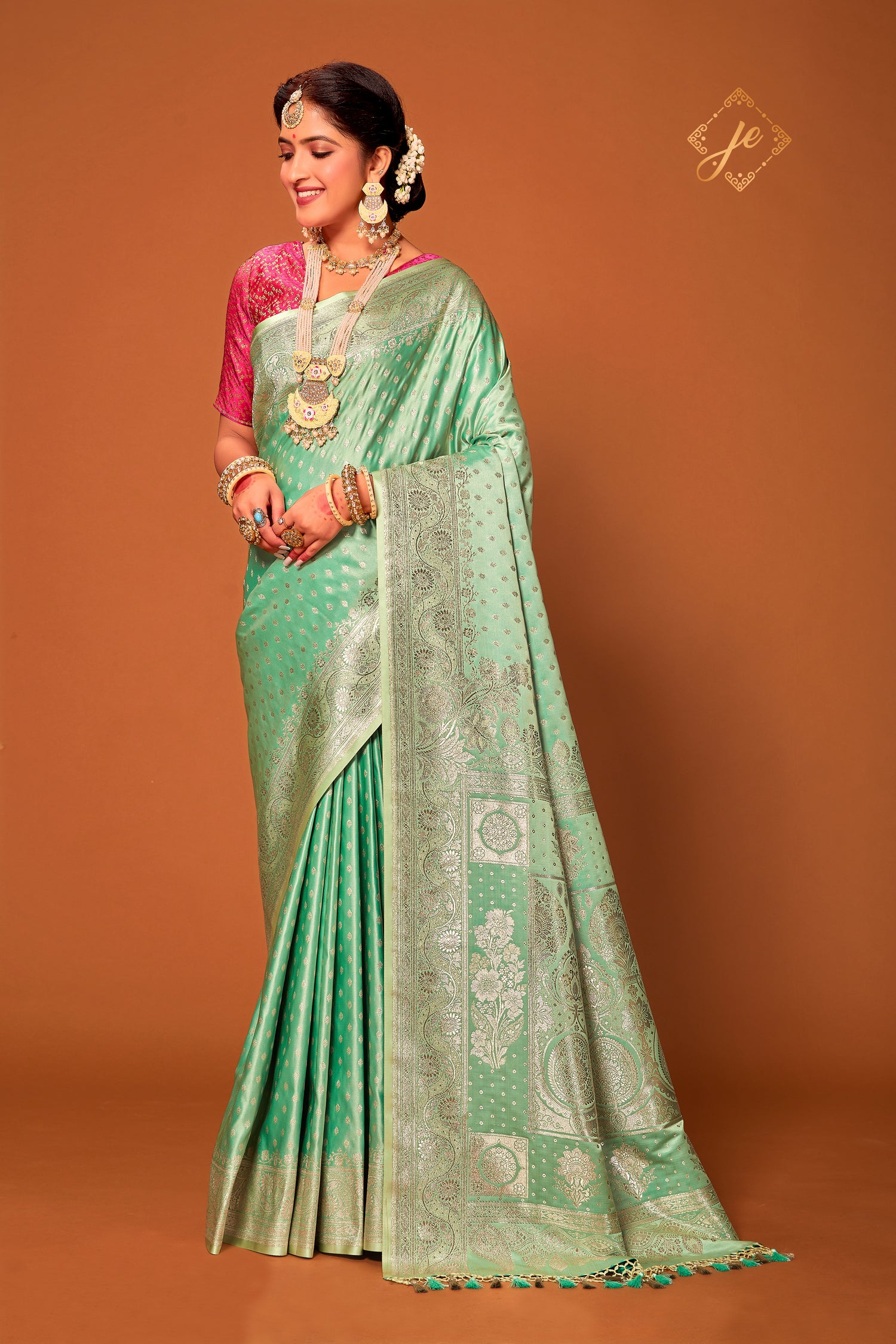 Light Sea Green Satin Silk Banarasi Saree