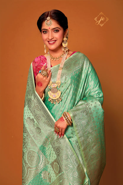 Light Sea Green Satin Silk Banarasi Saree