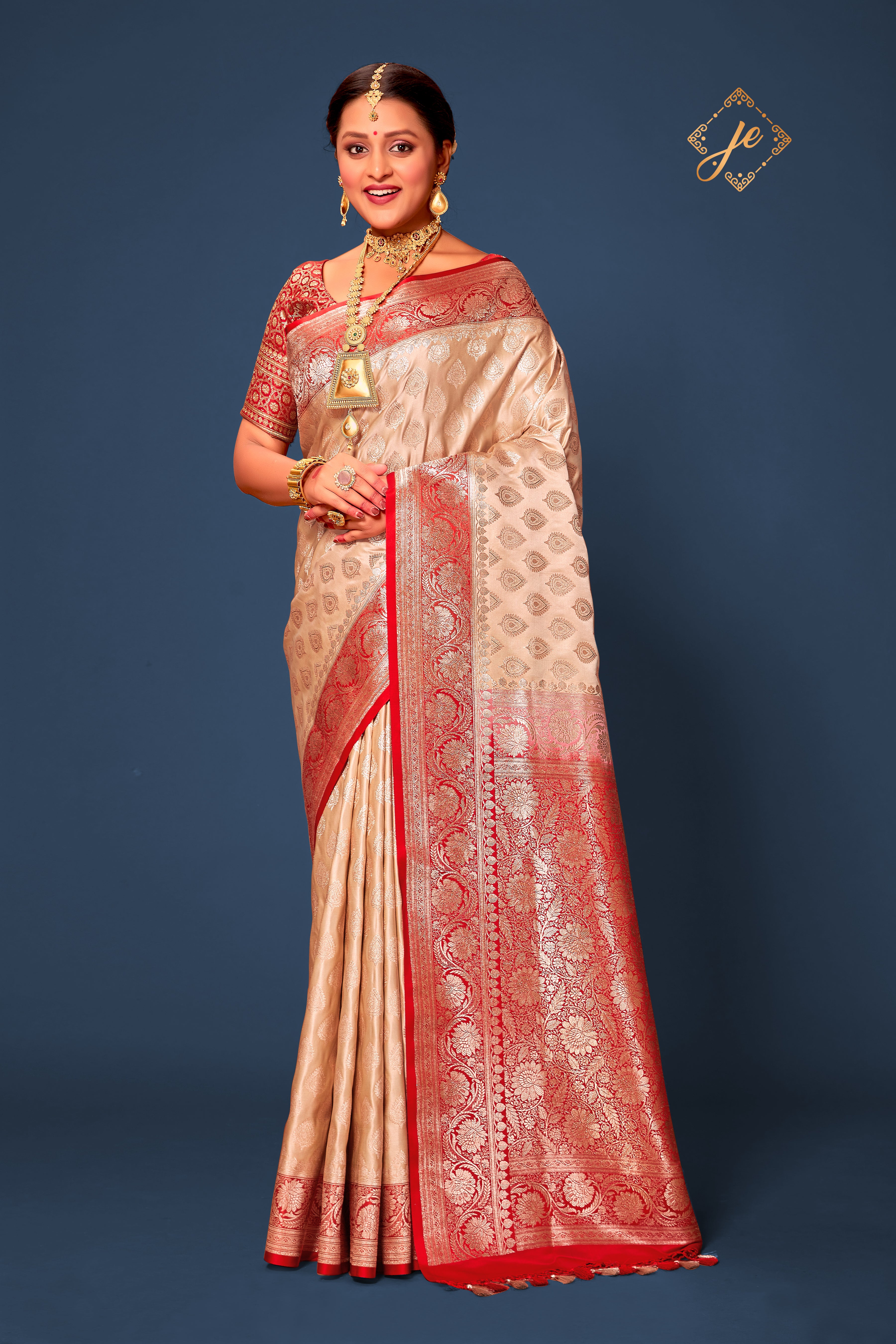 Beige Contrast Red Satin Silk Banarasi Saree