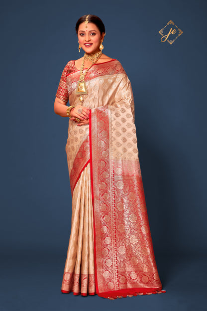 Beige Contrast Red Satin Silk Banarasi Saree