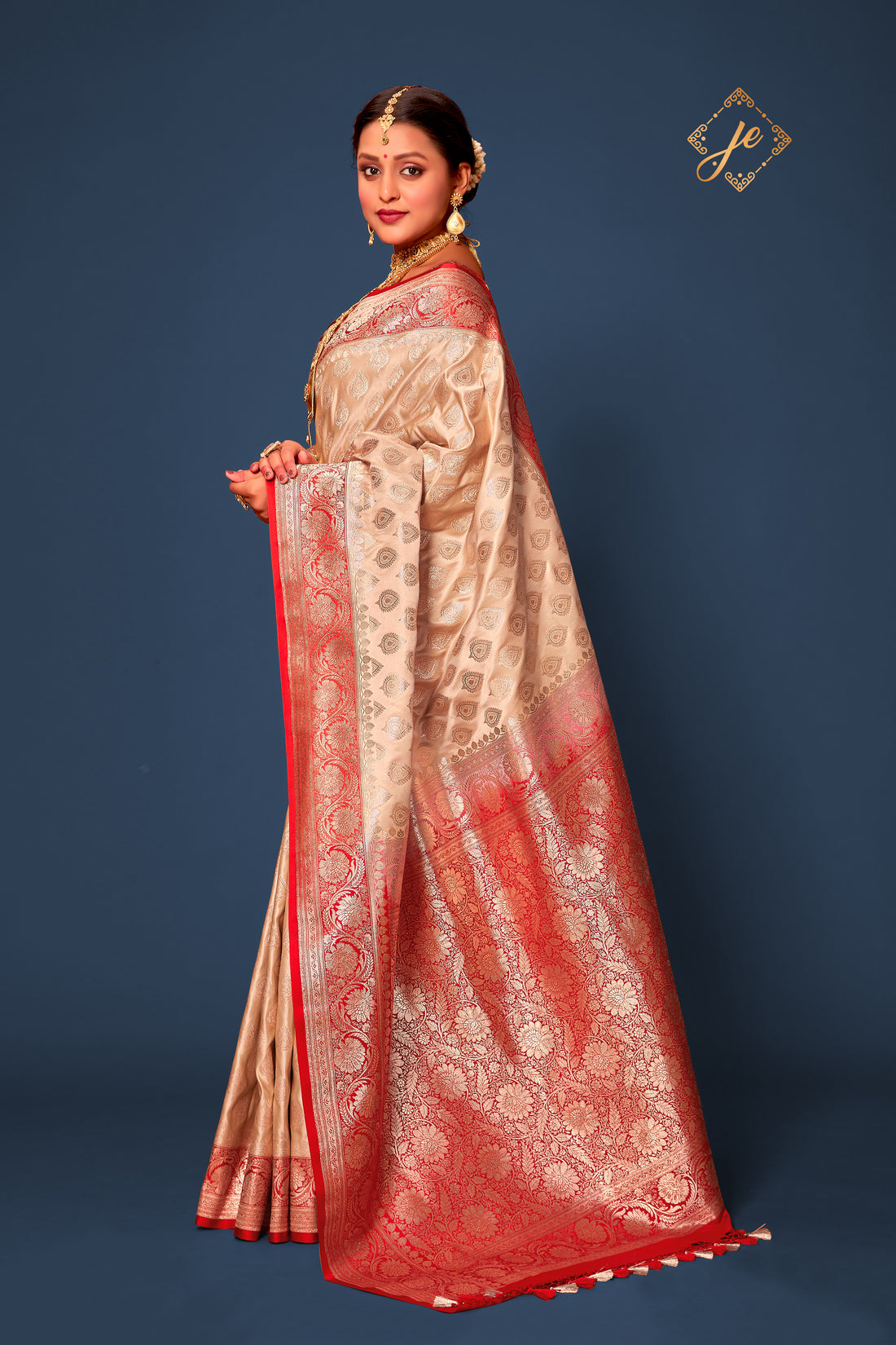 Beige Contrast Red Satin Silk Banarasi Saree