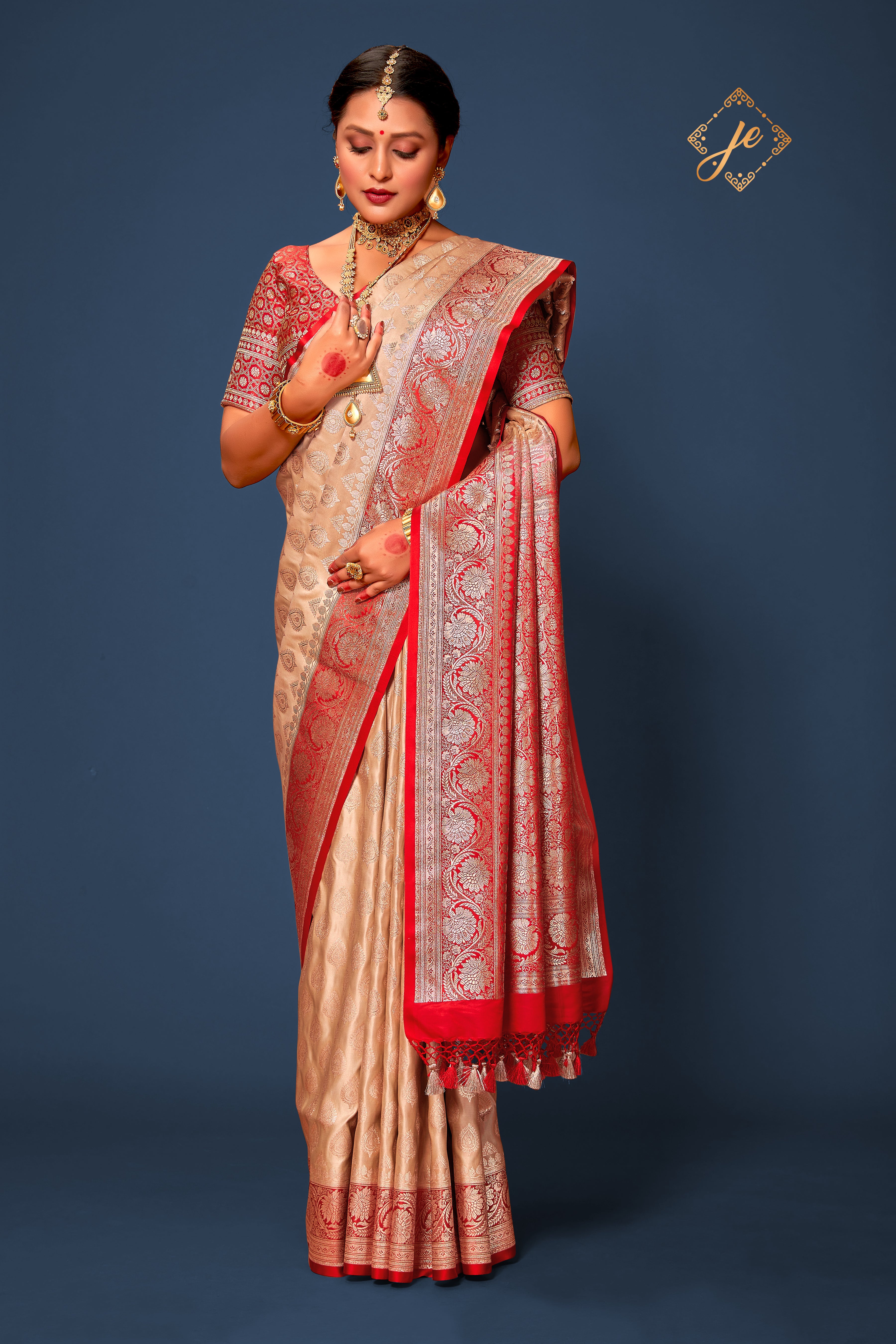 Beige Contrast Red Satin Silk Banarasi Saree