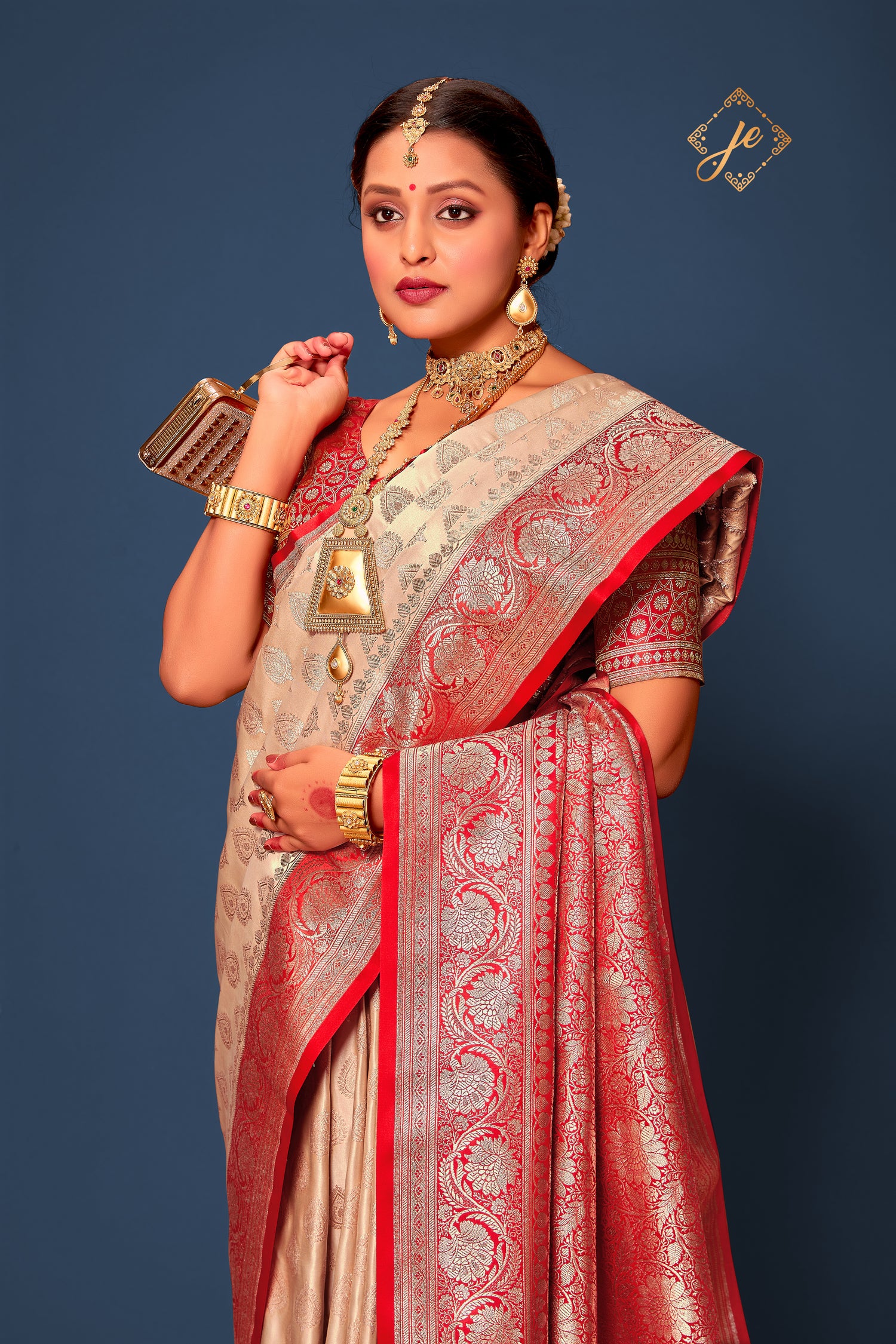 Beige Contrast Red Satin Silk Banarasi Saree