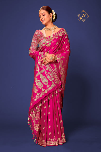 Rani Pink Pure Handloom Fancy Border Buti Banarasi Saree