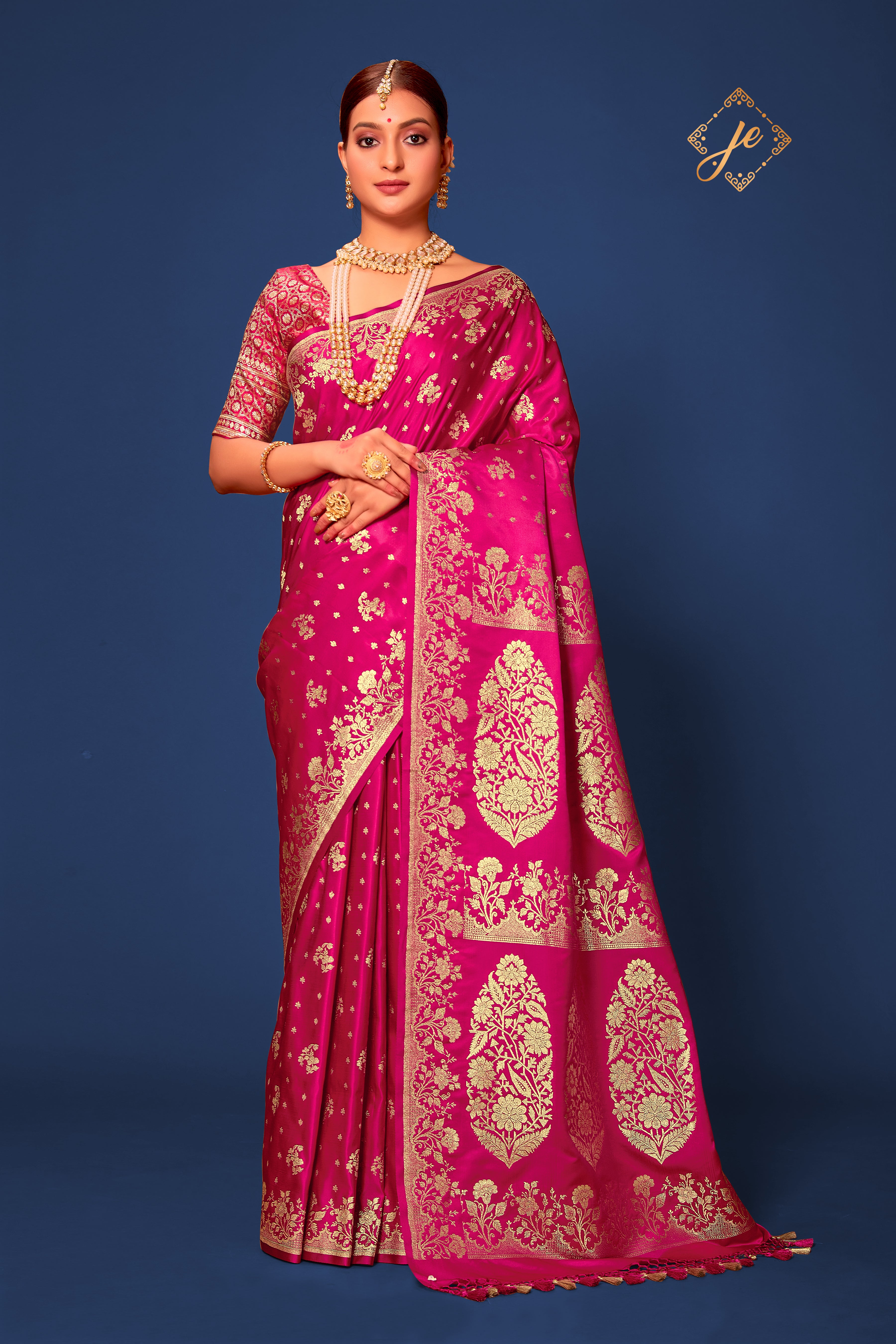 Rani Pink Satin Silk Floral Banarasi Saree