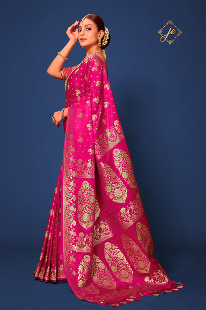 Rani Pink Satin Silk Floral Banarasi Saree