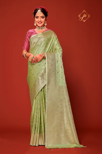 Pista Green Satin Silk Jaal Banarasi Saree