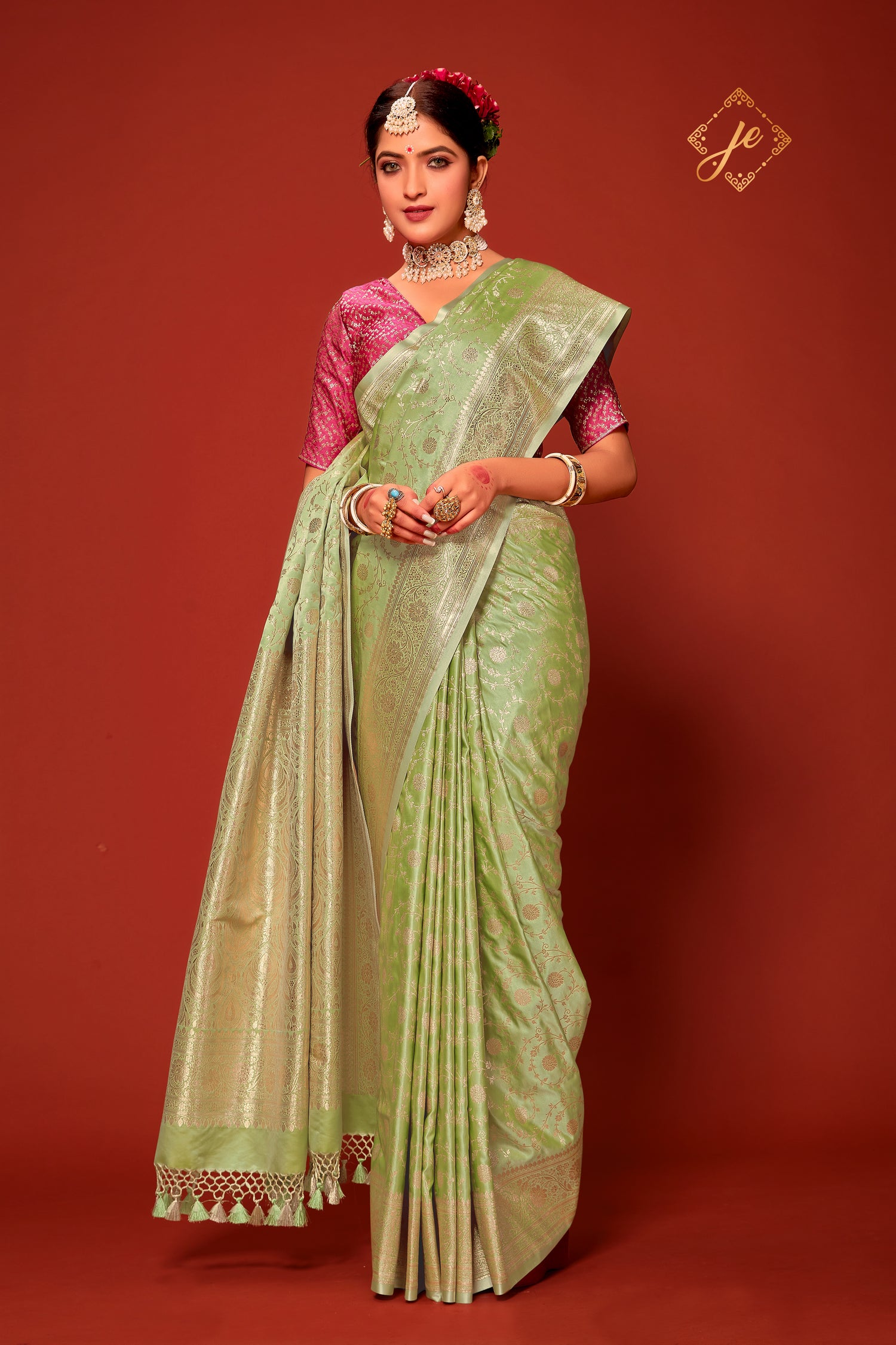 Pista Green Satin Silk Jaal Banarasi Saree