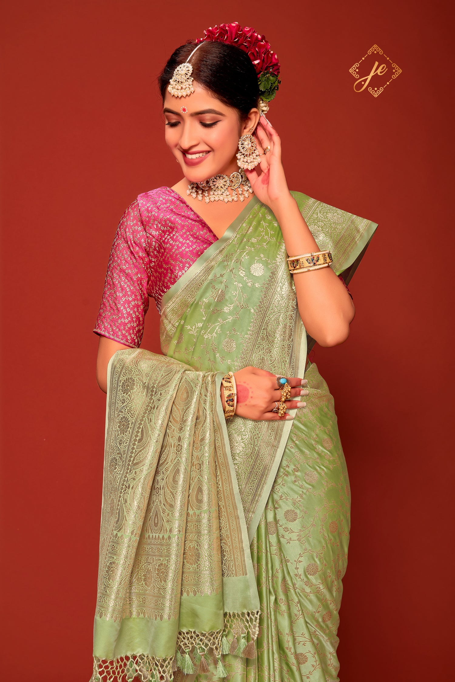 Pista Green Satin Silk Jaal Banarasi Saree