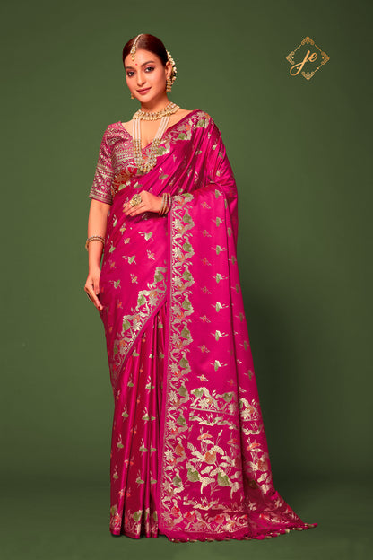 Rani Pink Satin Silk Lotus Meenakari Banarasi Saree