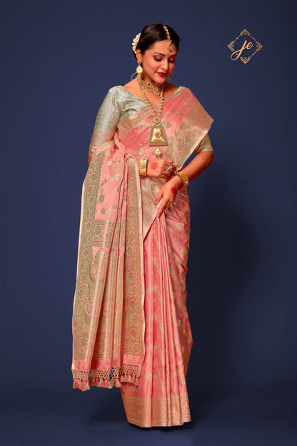 Pastel Pink Satin Silk Leheriya Banarasi Saree