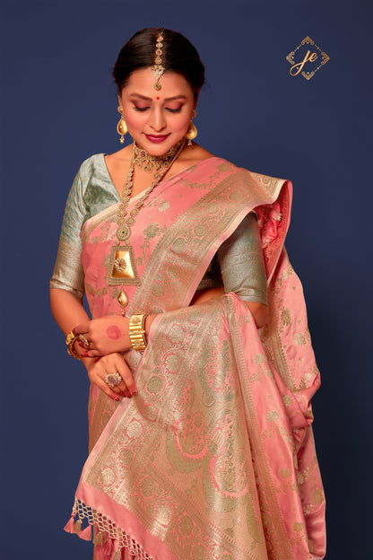 Pastel Pink Satin Silk Leheriya Banarasi Saree