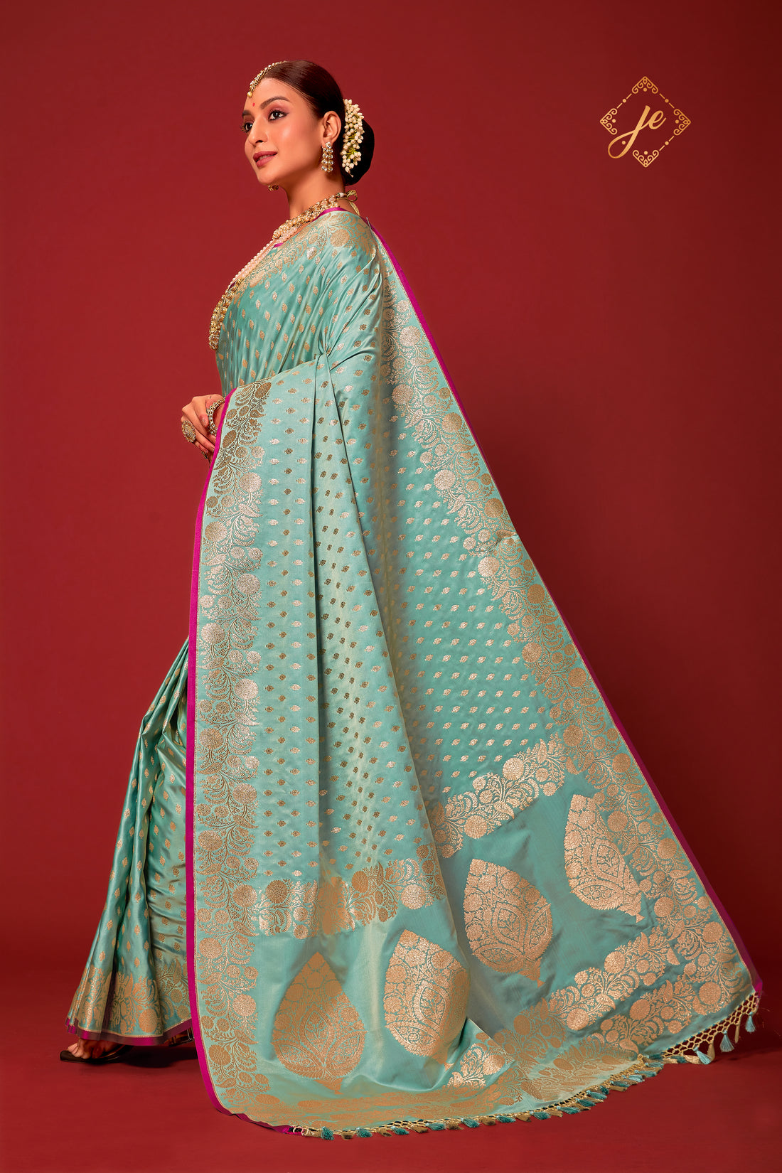 Ice Blue Satin Silk Fancy Border Banarasi Saree