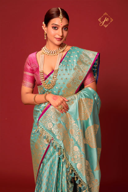 Ice Blue Satin Silk Fancy Border Banarasi Saree