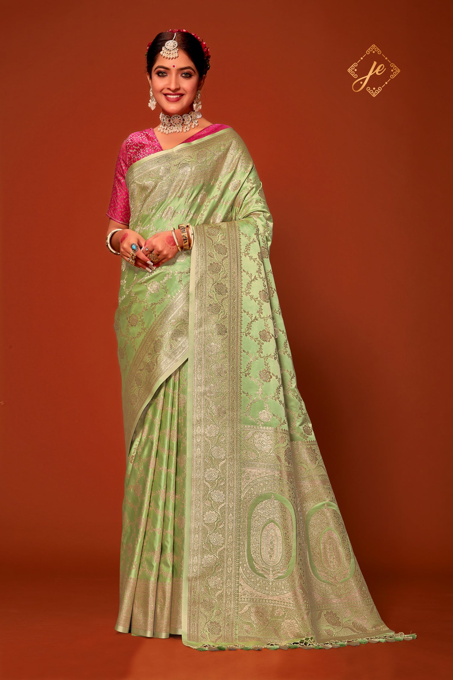 Pista Green Satin Silk Jaal Banarasi Saree