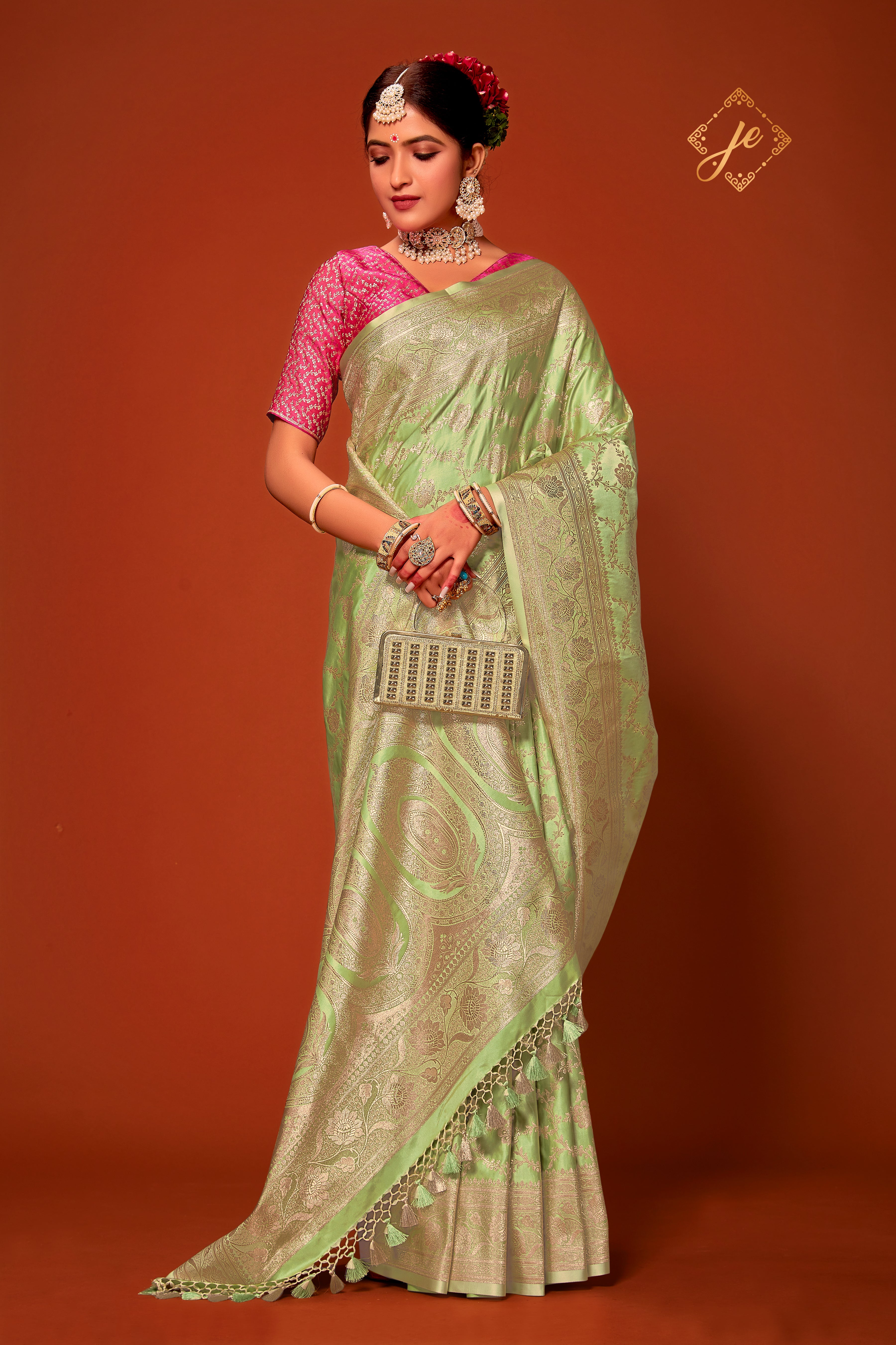 Pista Green Satin Silk Jaal Banarasi Saree