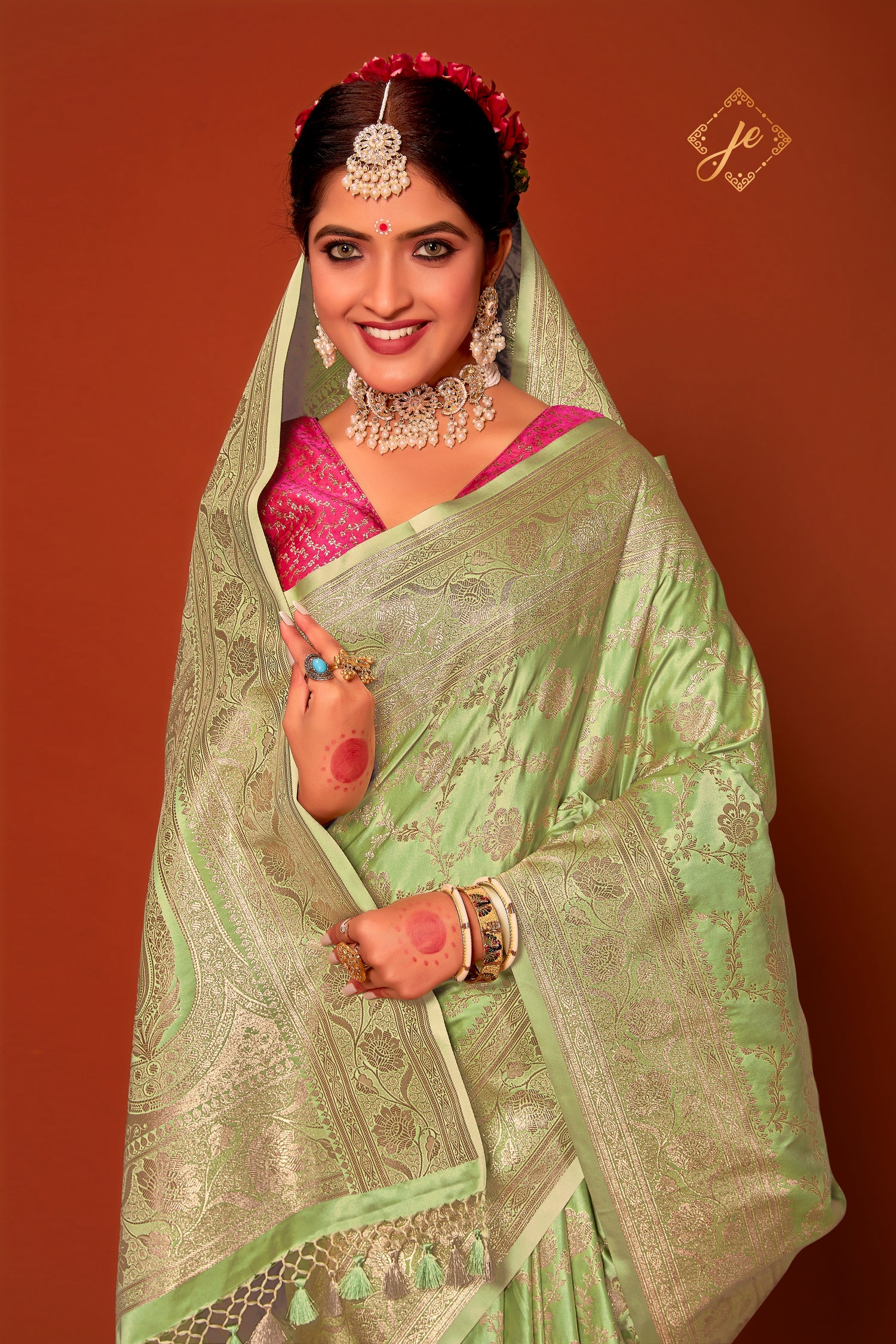 Pista Green Satin Silk Jaal Banarasi Saree