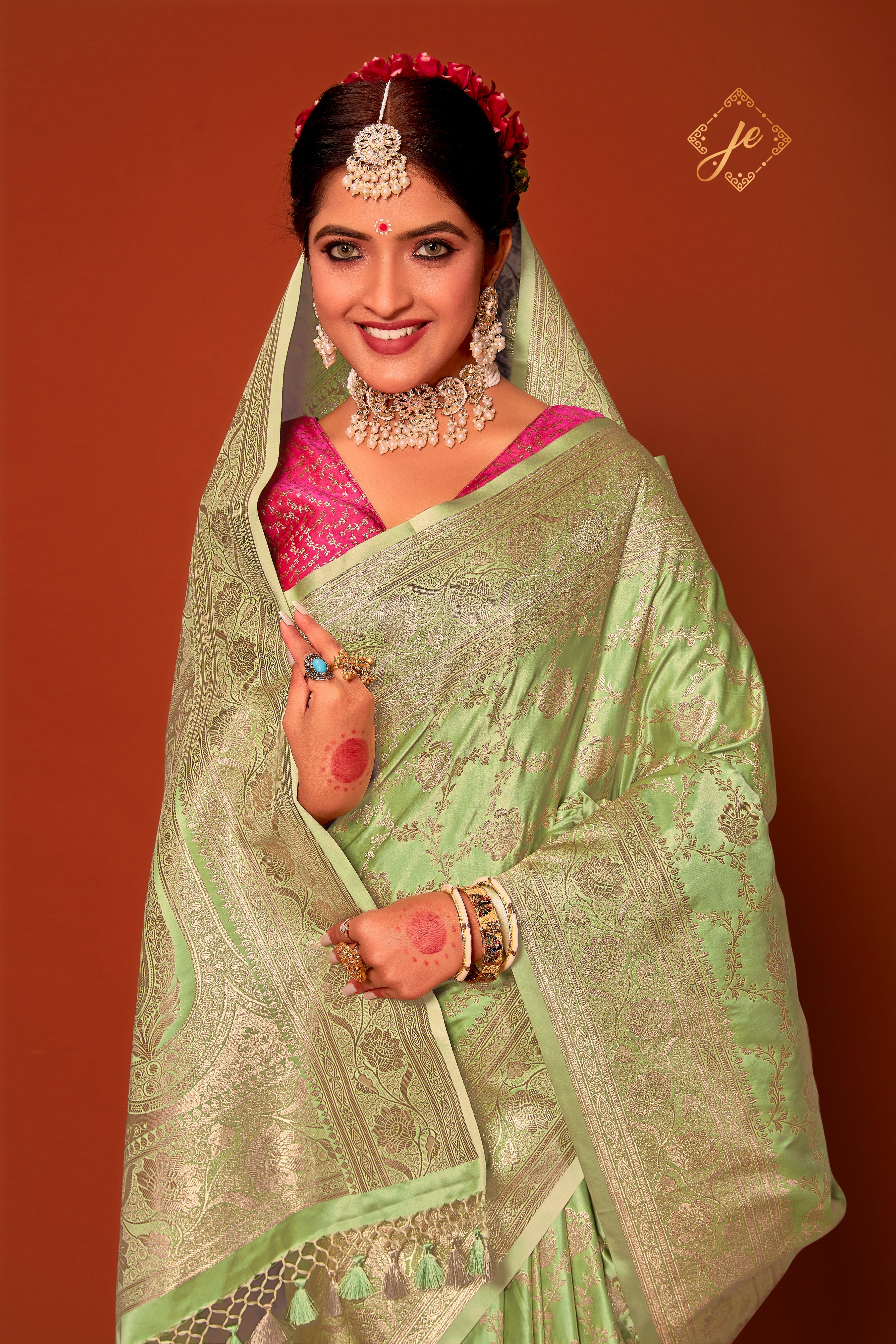 Pista Green Satin Silk Jaal Banarasi Saree