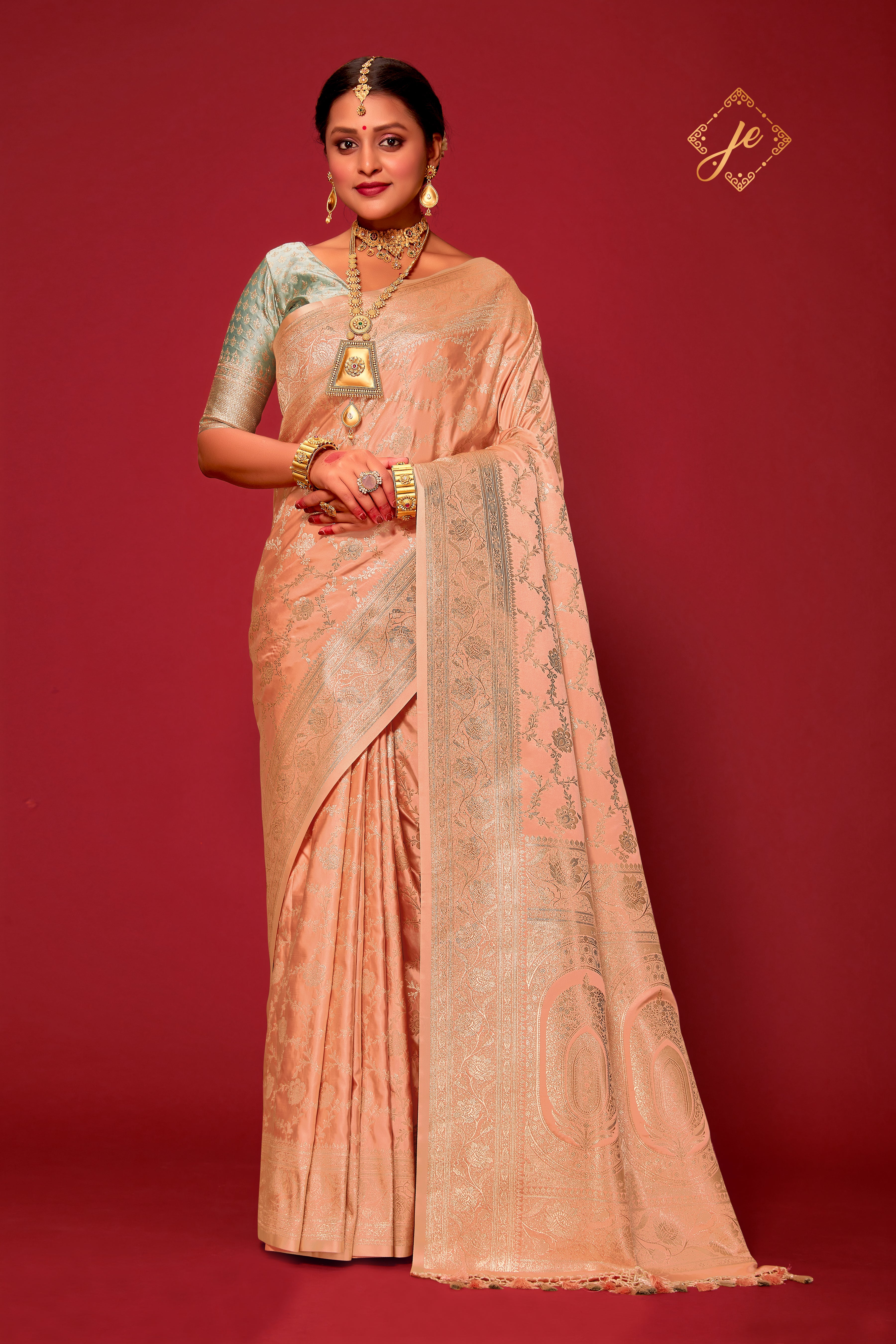 Peach Fuzz Satin Silk Jaal Banarasi Saree