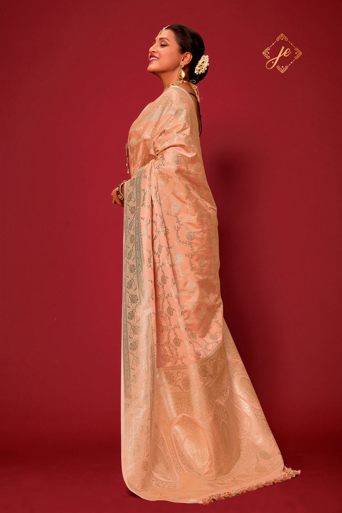 Peach Fuzz Satin Silk Jaal Banarasi Saree