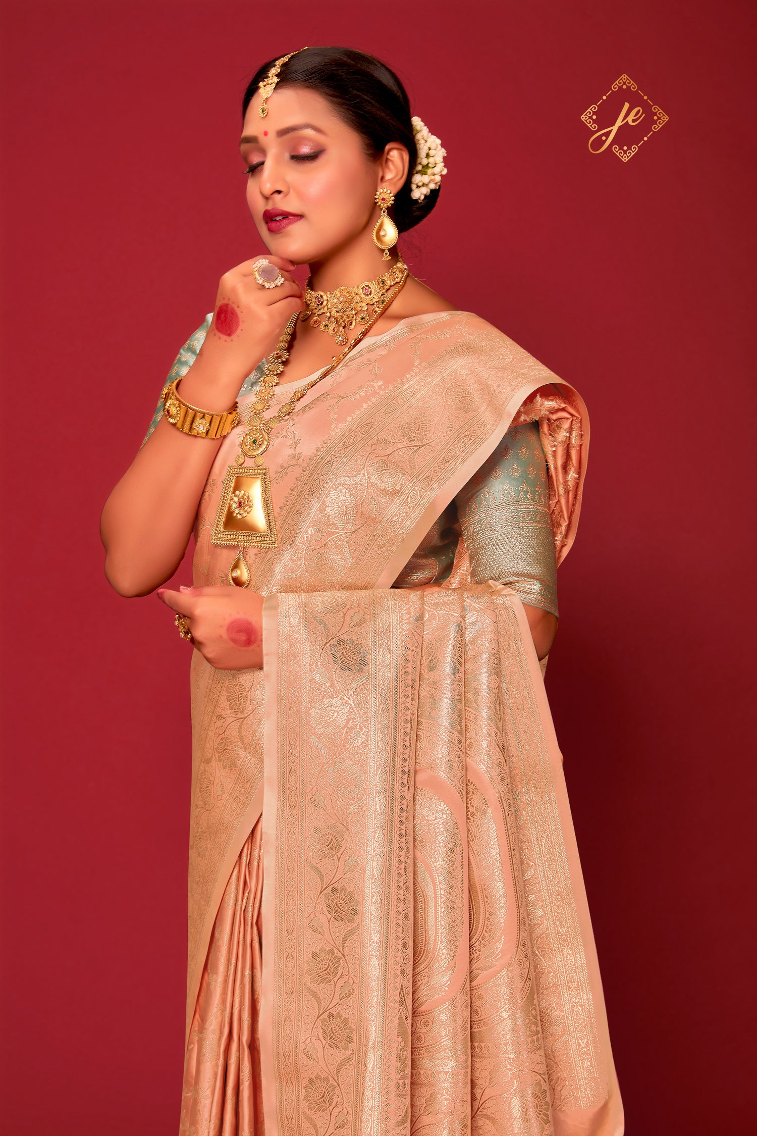 Peach Fuzz Satin Silk Jaal Banarasi Saree