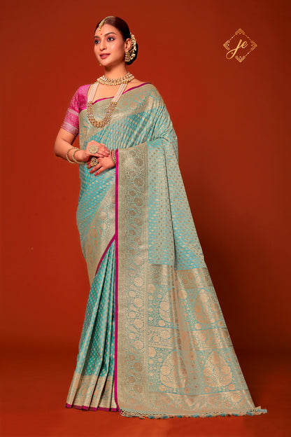 Pastel Blue Satin Silk Leheriya Buti Banarasi Saree