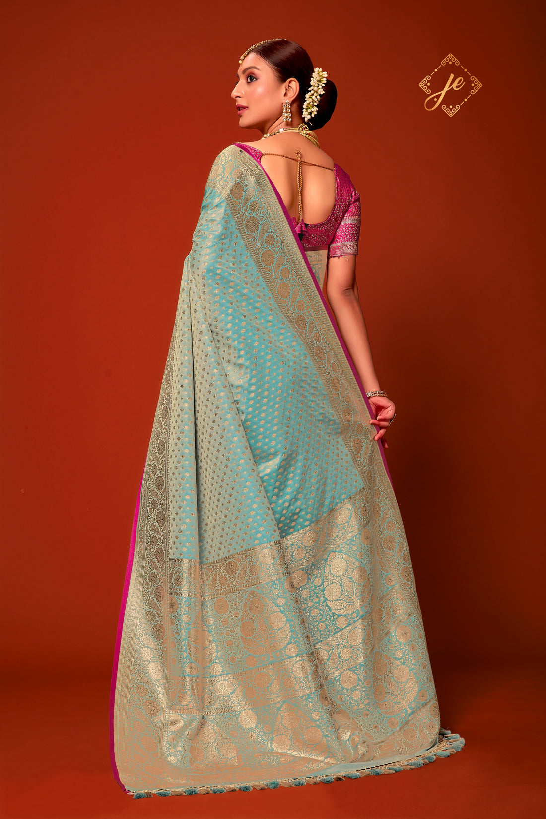 Pastel Blue Satin Silk Leheriya Buti Banarasi Saree