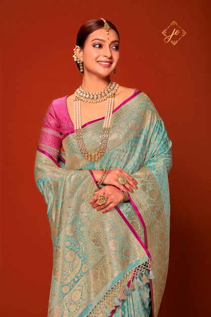 Pastel Blue Satin Silk Leheriya Buti Banarasi Saree