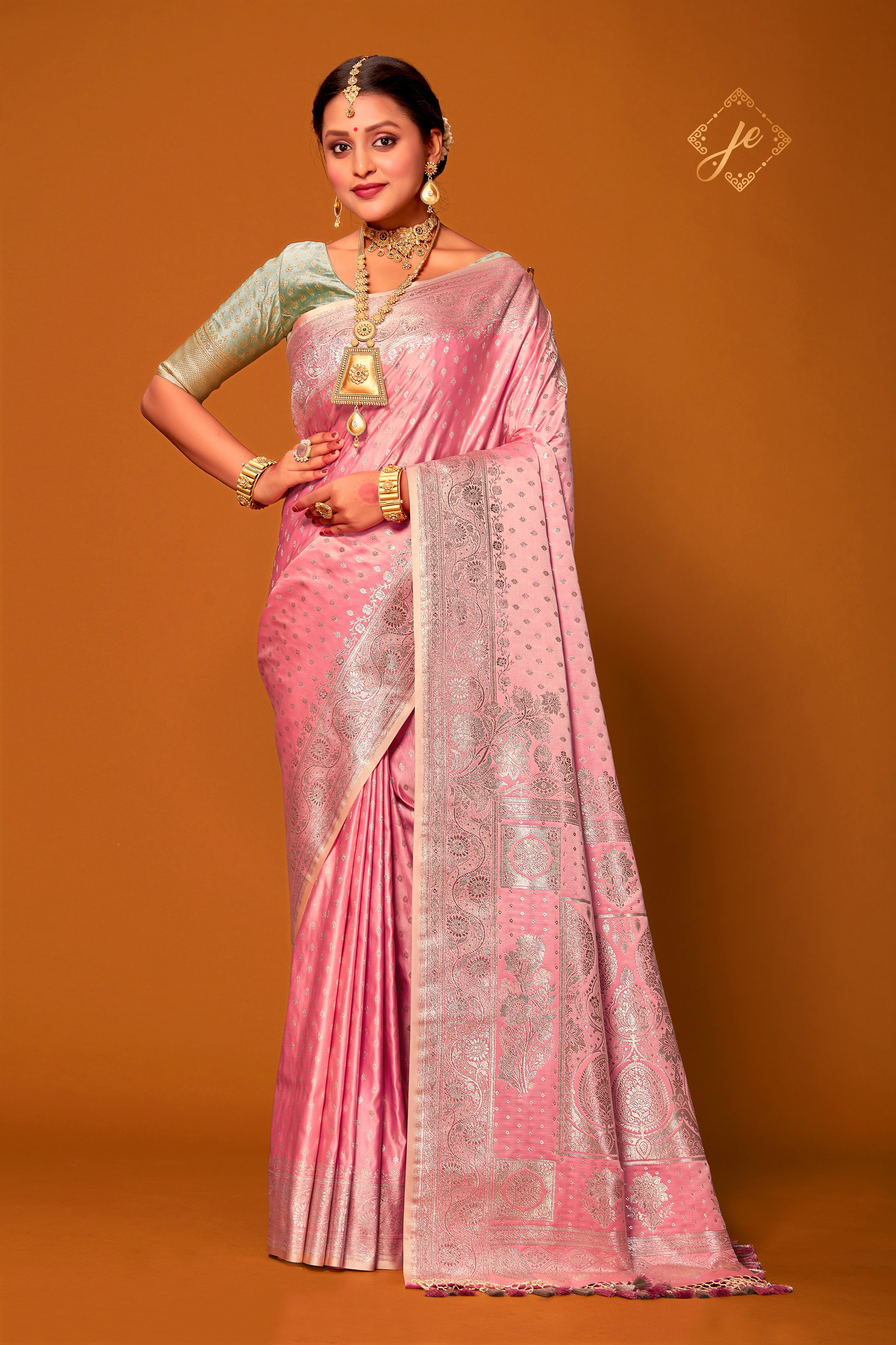 Pastel Pink Satin Silk Banarasi Saree