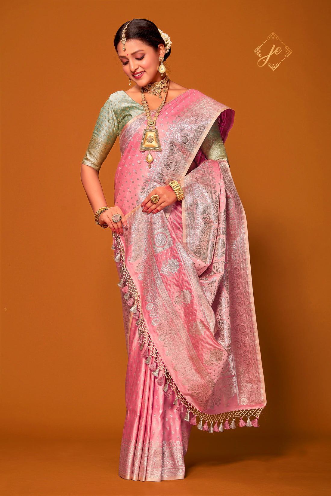 Pastel Pink Satin Silk Banarasi Saree