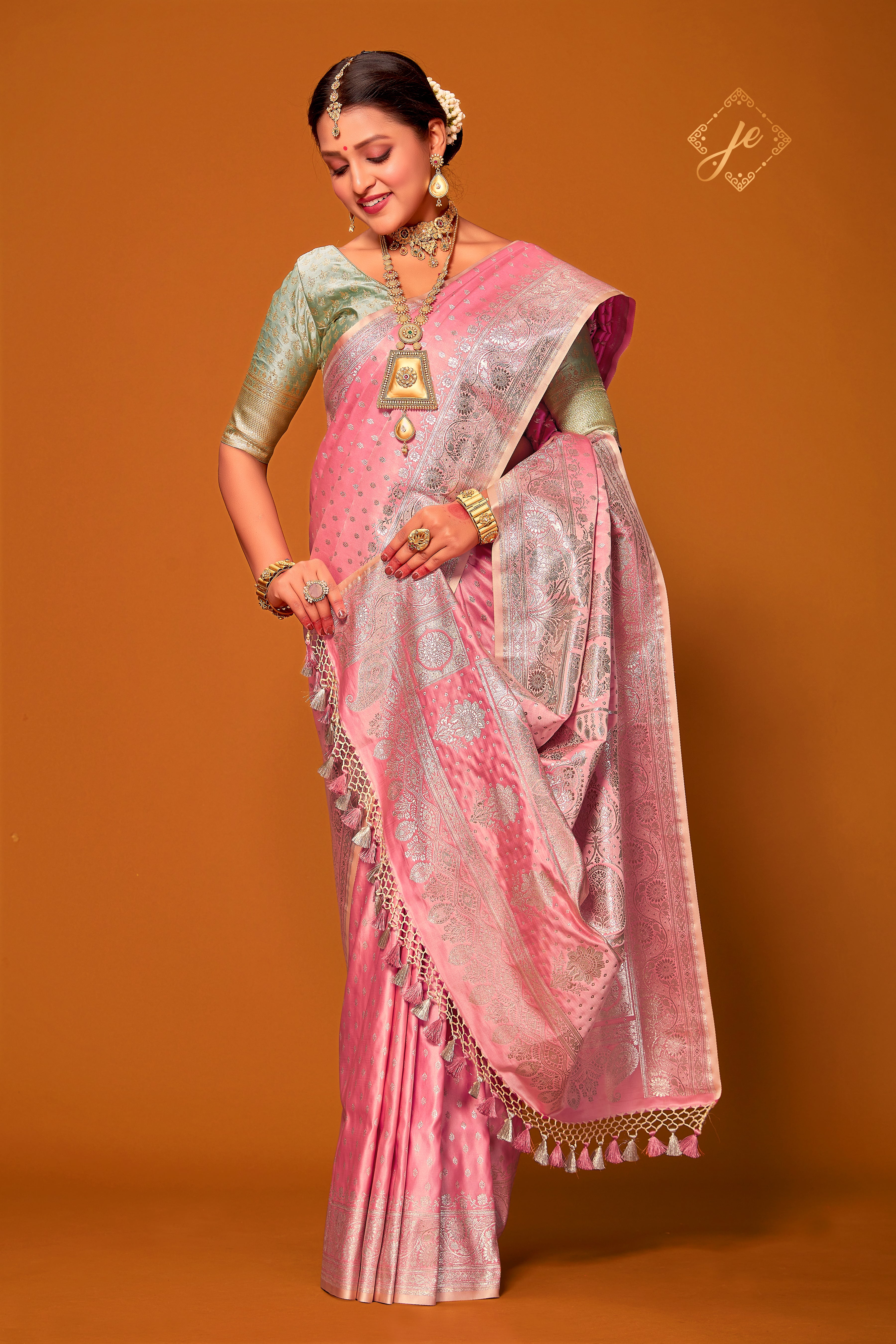 Pastel Pink Satin Silk Banarasi Saree