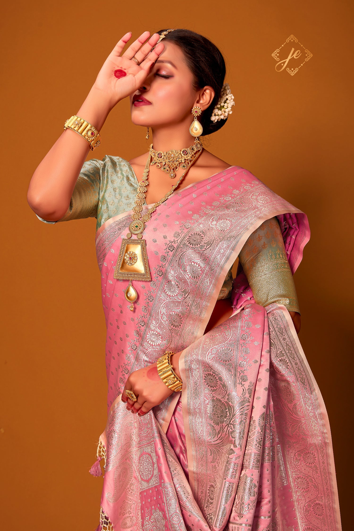 Pastel Pink Satin Silk Banarasi Saree