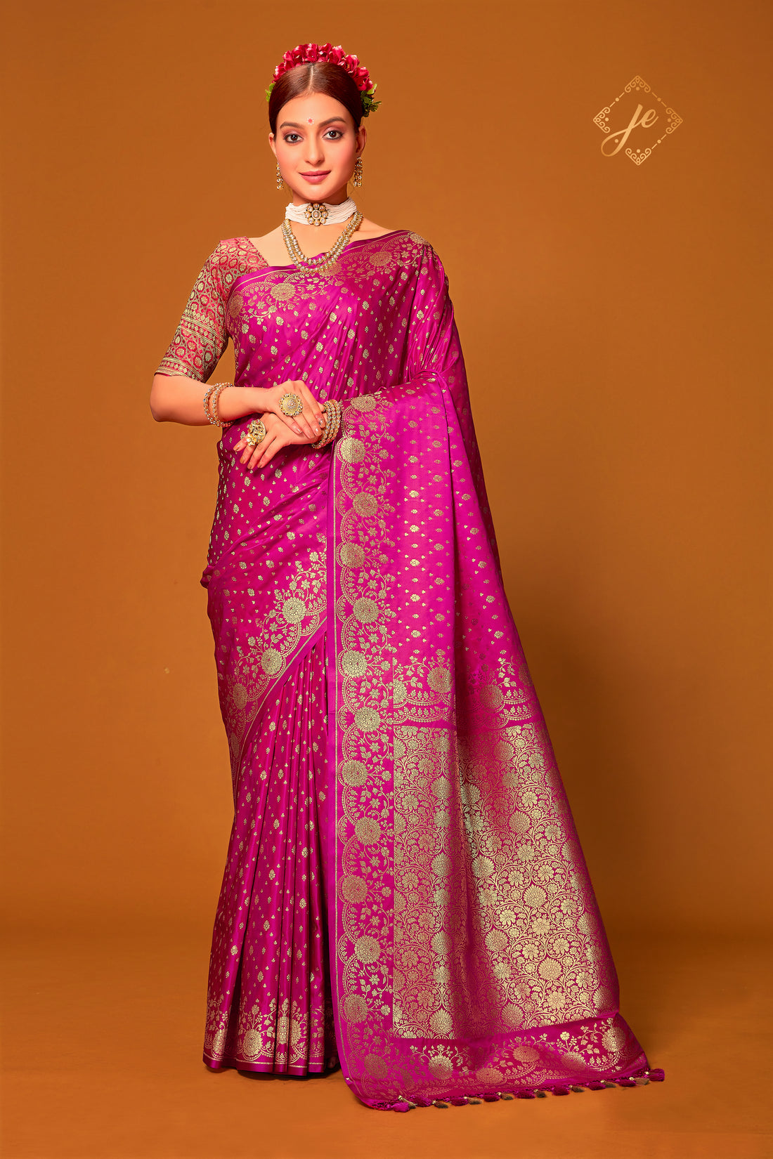 Rani Pink Patola Buti Satin Banarasi Saree