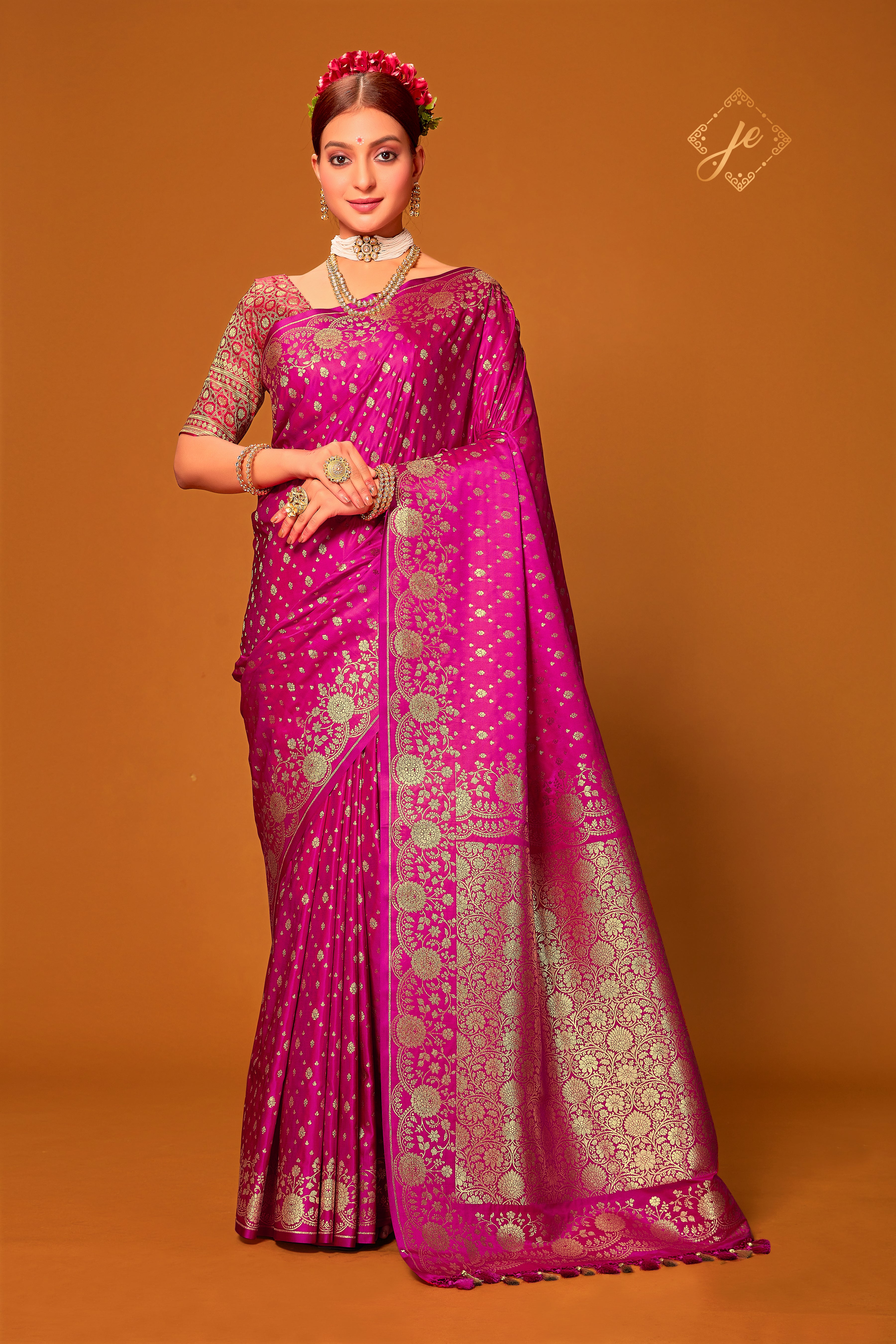 Rani Pink Patola Buti Satin Banarasi Saree