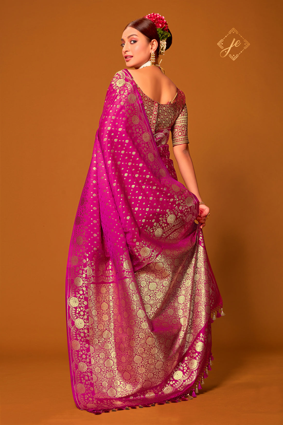 Rani Pink Patola Buti Satin Banarasi Saree