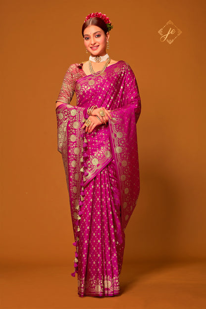 Rani Pink Patola Buti Satin Banarasi Saree