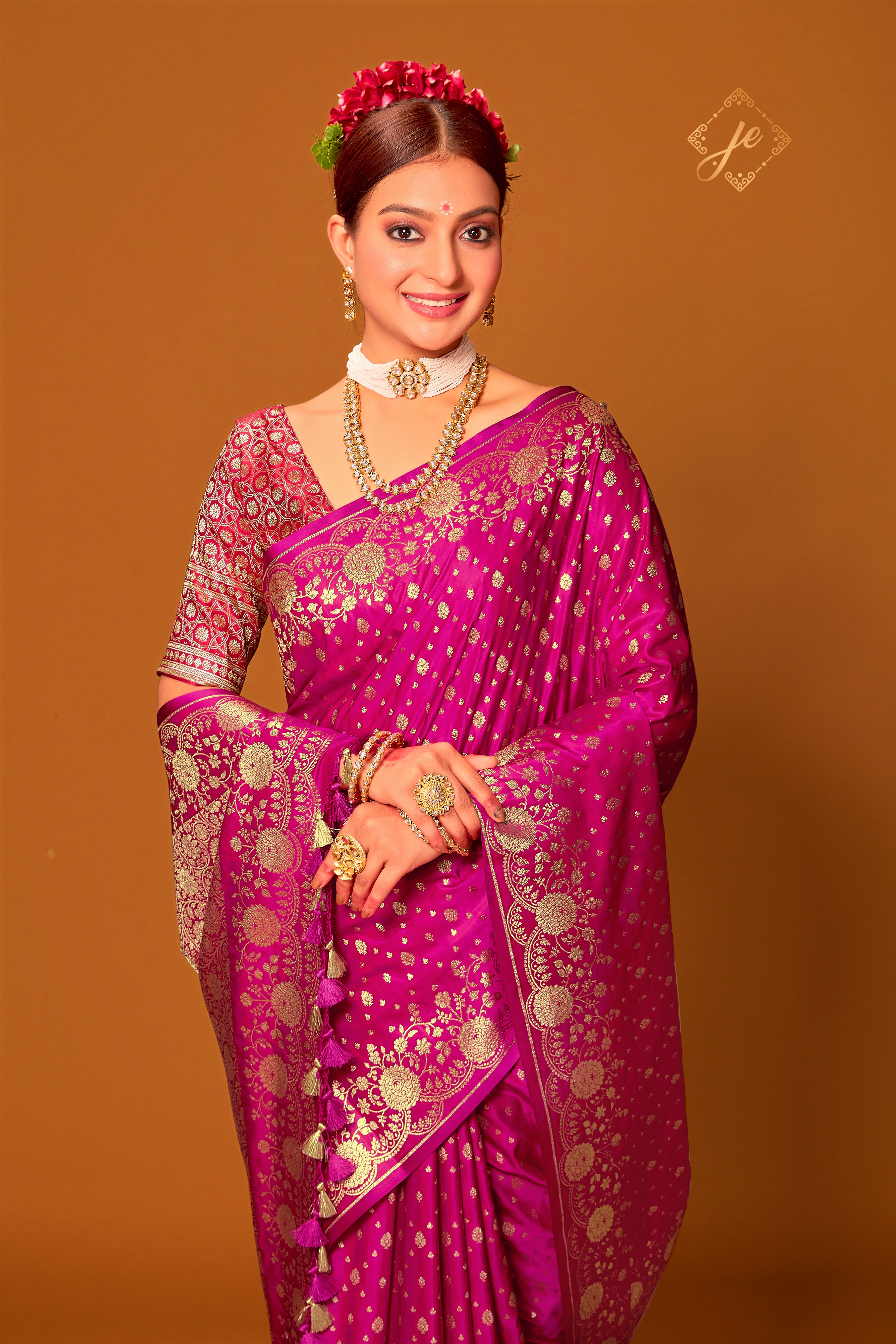 Rani Pink Patola Buti Satin Banarasi Saree