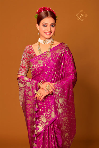 Rani Pink Patola Buti Satin Banarasi Saree