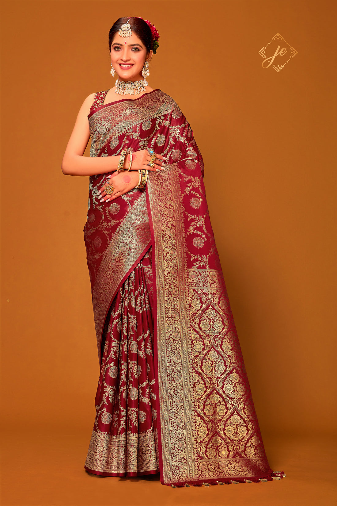 Maroon Satin Silk Jaal Banarasi Saree