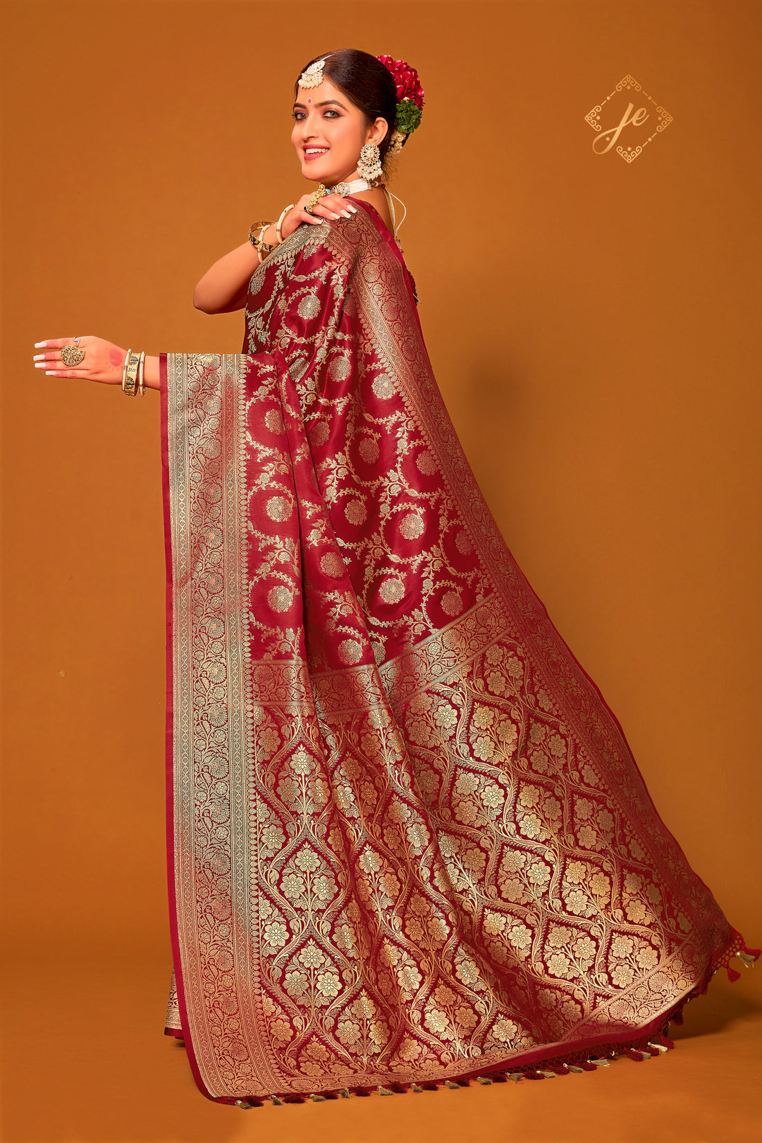 Maroon Satin Silk Jaal Banarasi Saree