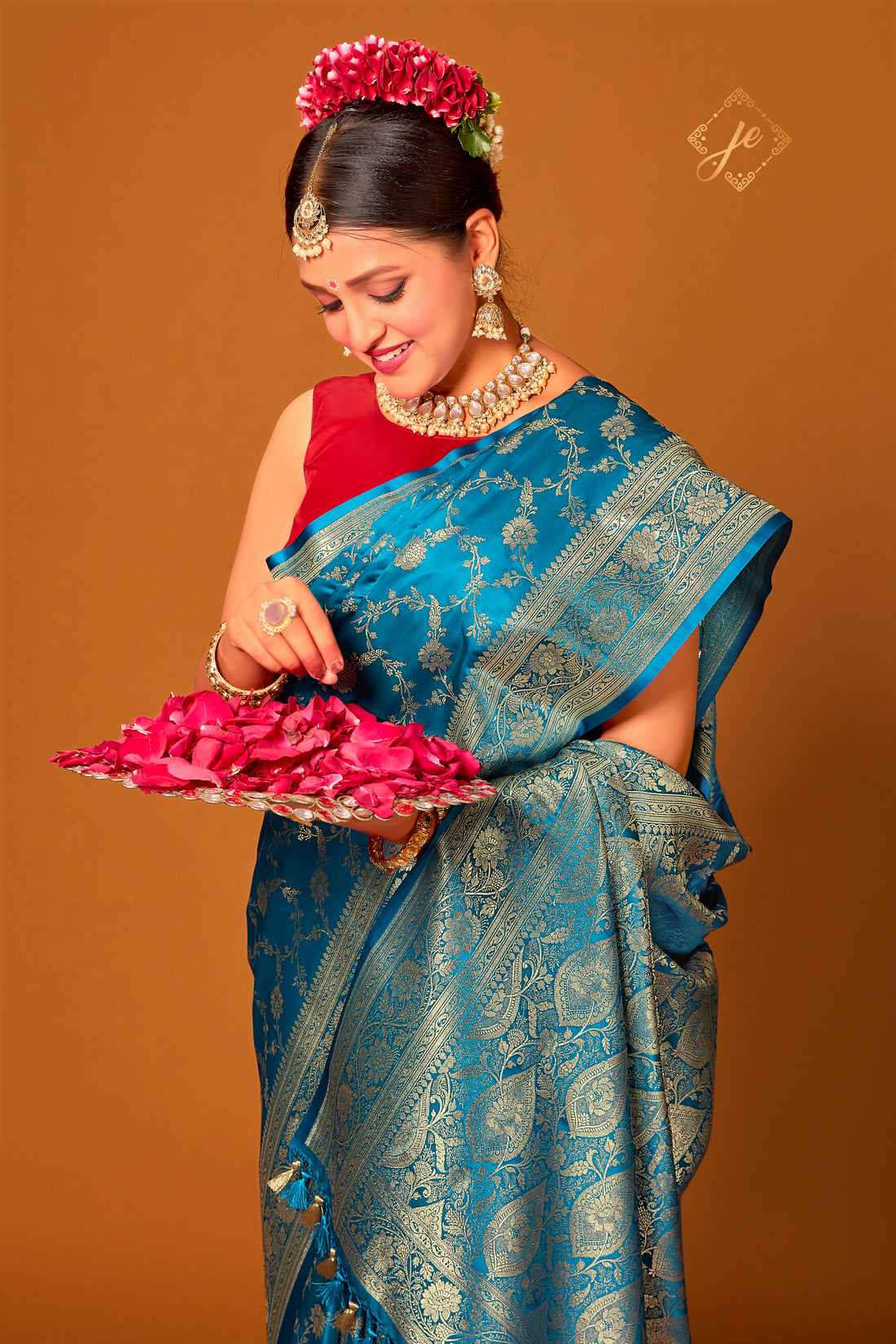 Deep Blue Satin Jaal Banarasi Saree