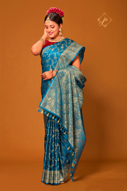 Deep Blue Satin Jaal Banarasi Saree