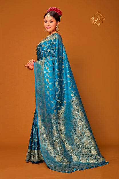 Deep Blue Satin Jaal Banarasi Saree